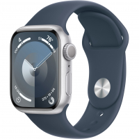 Apple Watch Series 9 41mm GPS Silver Aluminum Case with Storm Blue Sport Band (M/L)