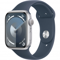 Apple Watch Series 9 45mm GPS+LTE Silver Aluminum Case with Storm Blue Sport Band (M/L)