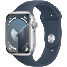 Apple Watch Series 9 45mm GPS Silver Aluminum Case with Storm Blue Sport Band (S/M)