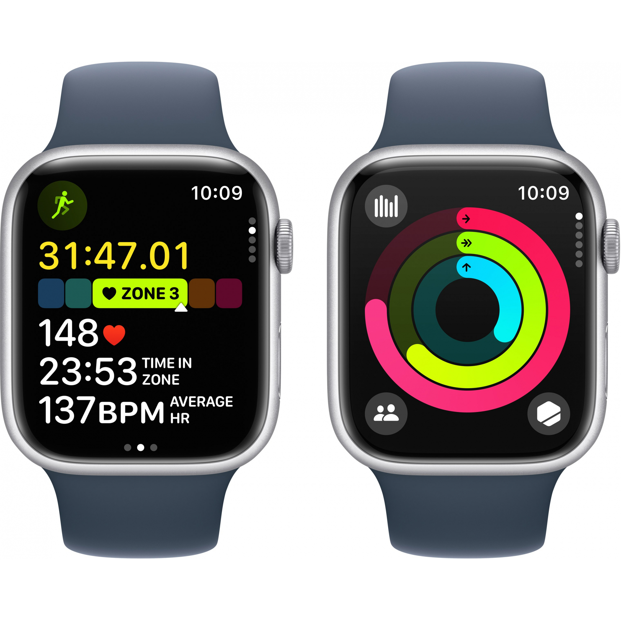 Apple Watch Series 9 45mm GPS Silver Aluminum Case with Storm Blue Sport Band (M/L)