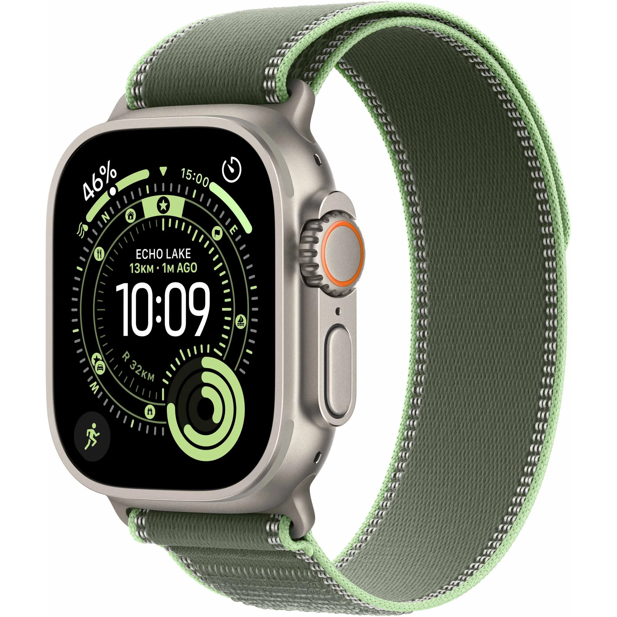 Apple Watch Ultra 3 GPS + Cellular, 49mm Natural Titanium Case with Green/Neon Trail Loop - S/M