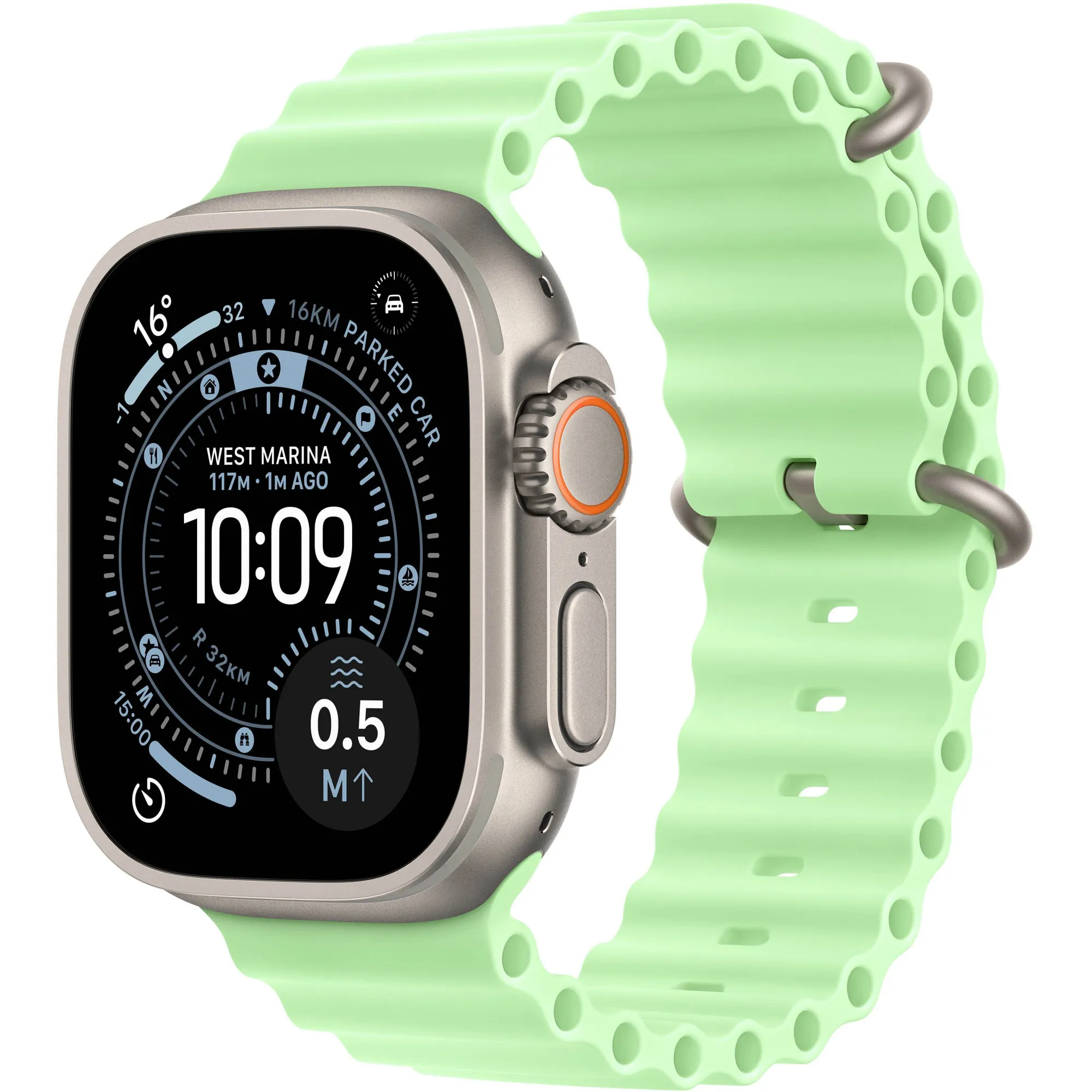 Apple Watch Ultra 3 GPS + Cellular, 49mm Natural Titanium Case with Neon Green Ocean Band