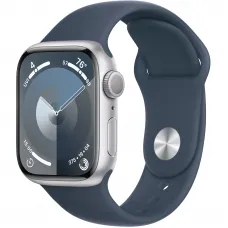 Apple Watch Series 9 41mm GPS Silver Aluminum Case with Storm Blue Sport Band (M/L)