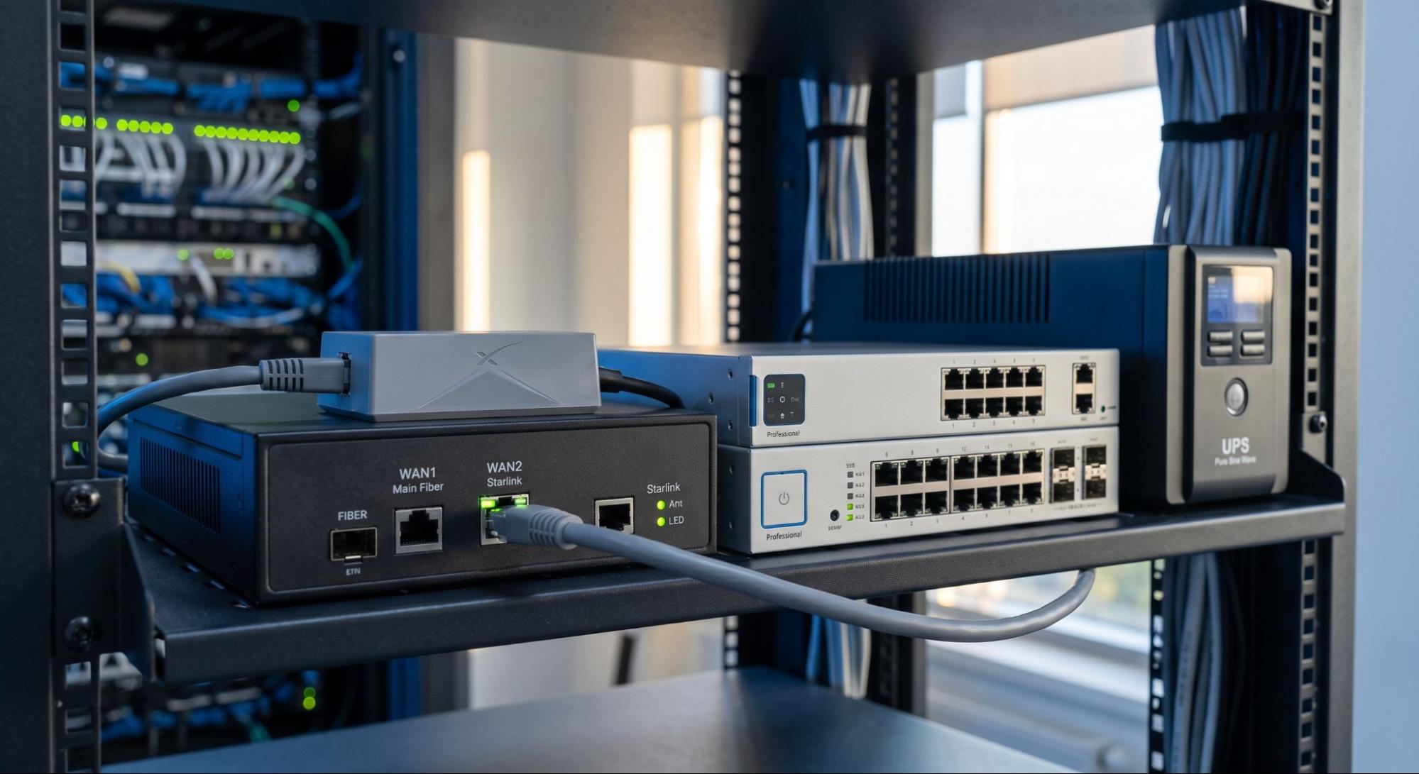 Мережеве обладнання та UPS у серверній шафі для резервного інтернету Starlink